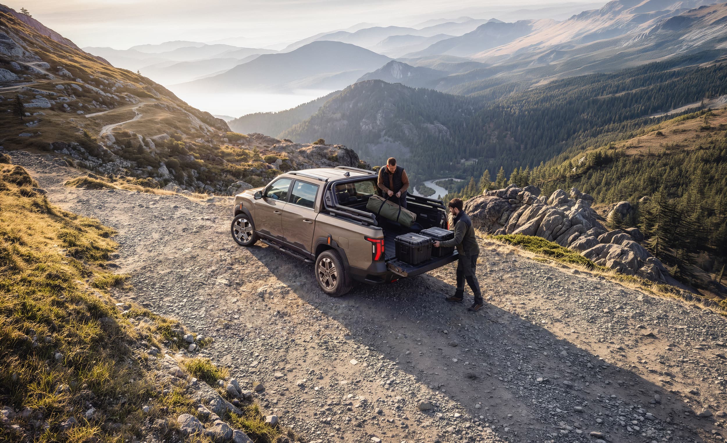 Two people with a KGM Musso on a mountain trail; scenic view with rugged terrain and distant peaks under a clear sky.