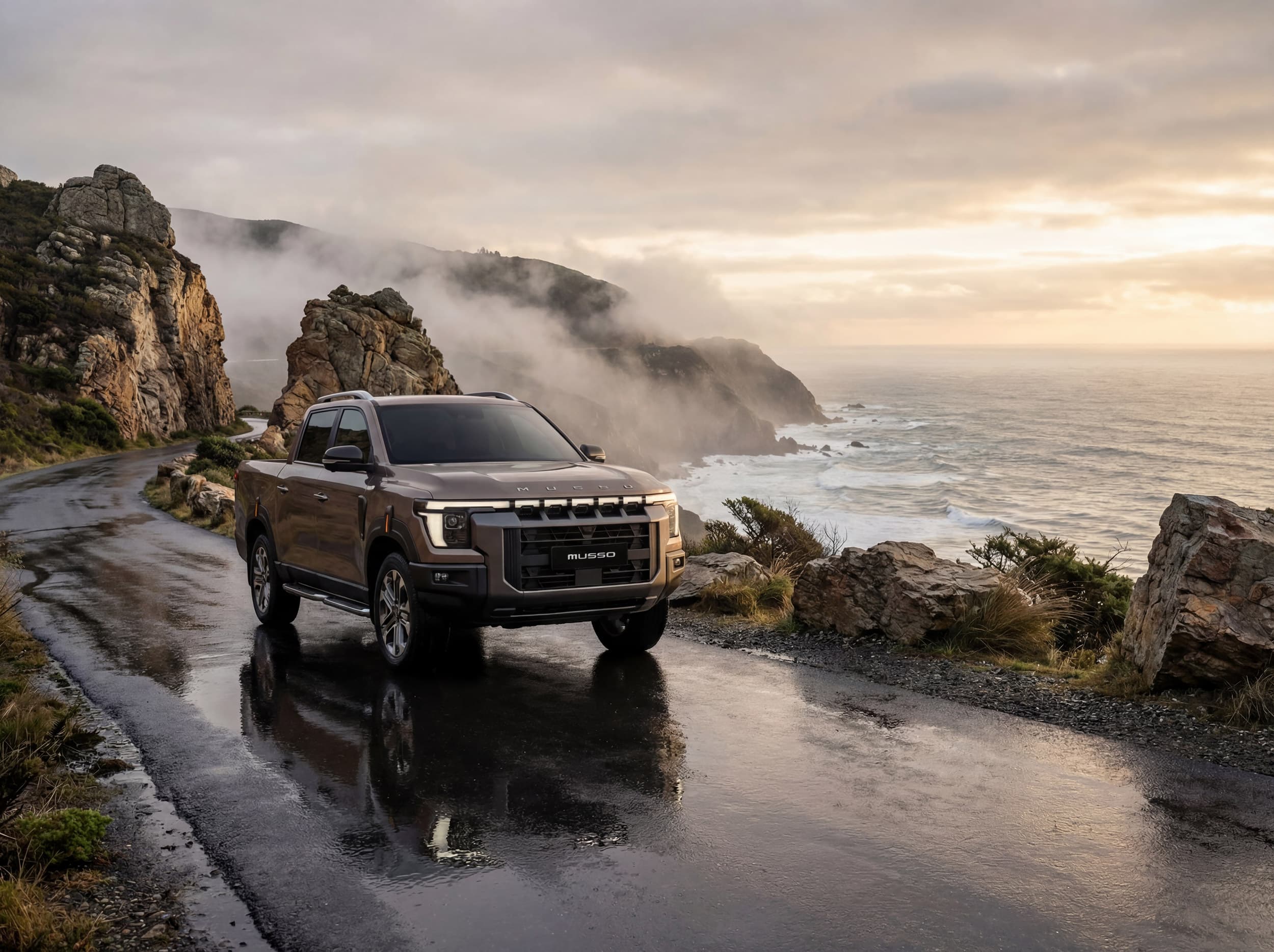 A brown KGM Musso drives along a wet, coastal road with cliffs and misty ocean views during a cloudy sunrise or sunset.