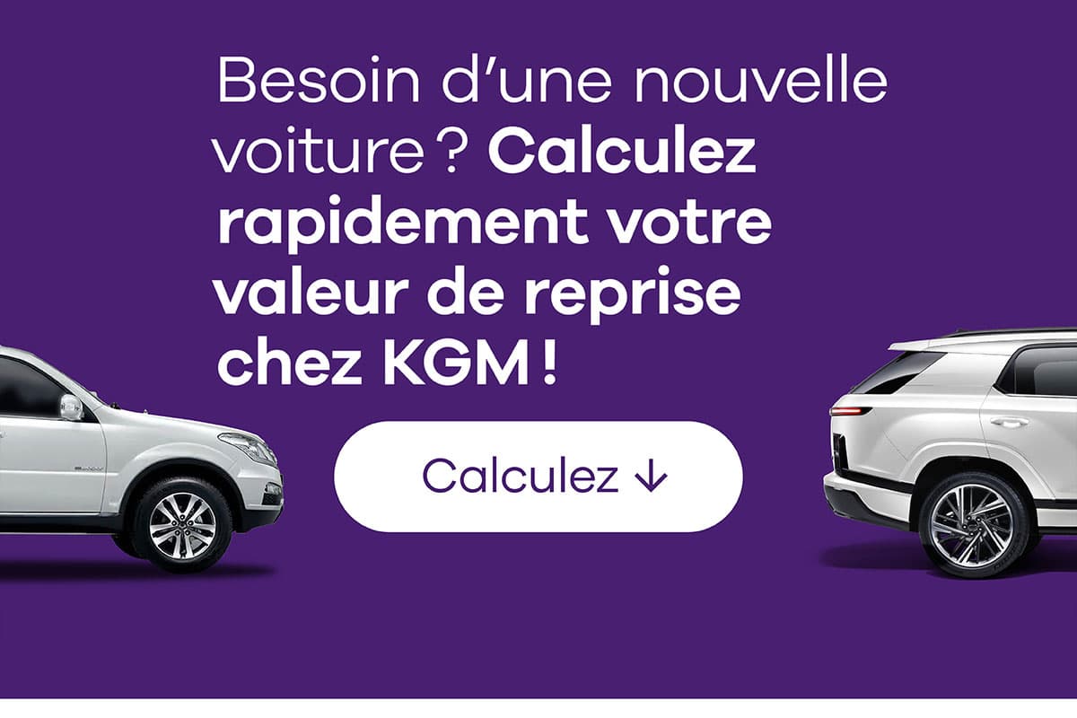Purple ad with text in French promoting car trade-in valuation at KGM. Shows two white cars and a "Calculez" button.