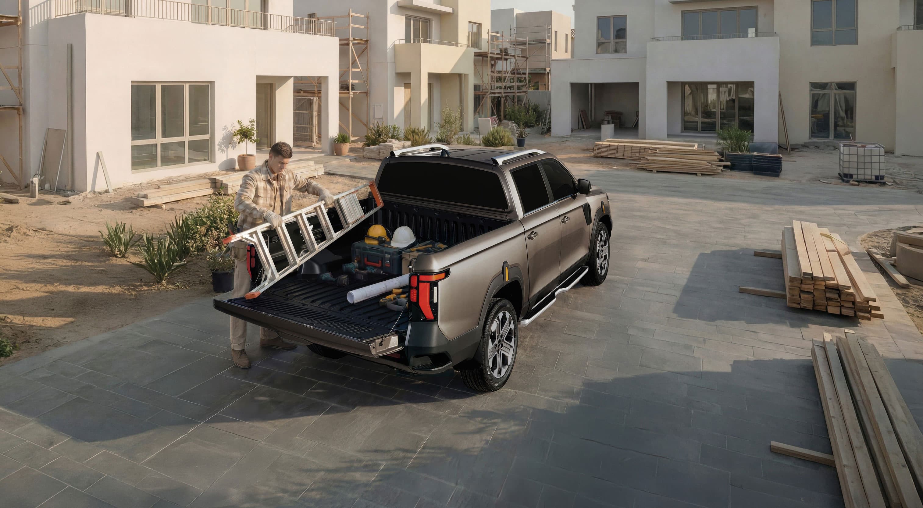 Person loads ladder into a KGM Grand Musso filled with tools and construction materials at a building site with partially constructed houses.